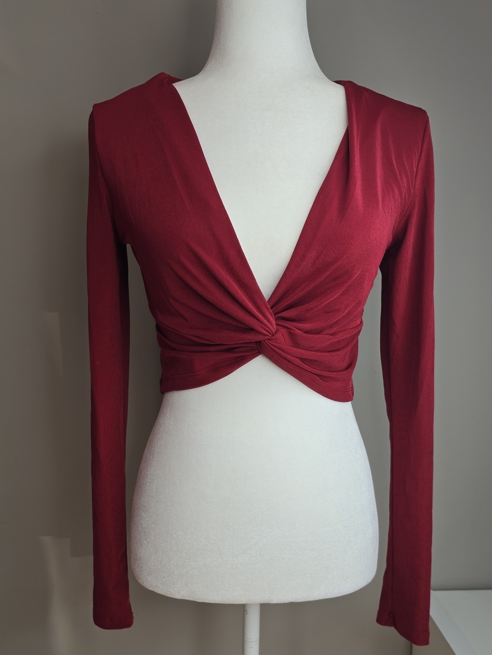 love J Twist-Knot Burgundy Long Sleeve Crop Top